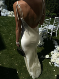 Niulatu White A Line Spaghetti Strap Satin Open Back Prom Dress Wedding Guest Dress HZ0113