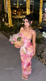 Niulatu Spaghetti Straps Satin Print Sheath Long Prom Dress Evening Dress HZ1007