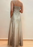 Niulatu Spaghetti Straps Satin Tulle Beaded Prom Dress A Line Party Evening Gown HZ1007