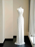 Niulatu White Sequins Pearls Chain Sheath Long Prom Dress Evening Dress HZ1007