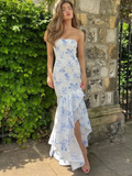Niulatu Strapless Print Floral Ruffles Mermaid Evening Dress Prom Dress HZ1007