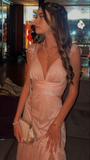 Niulatu Pink V Neck Sequins Satin Mermaid Prom Dress Long Evening Dress HZ1007