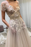 Niulatu champagne tulle lace long prom dress, lace evening dress HZ0113