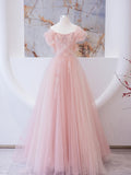 Niulatu tulle lace beads long prom dress, pink A line evening dress HZ0113