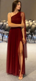 Niulatu Burgundy One Shoulder Tulle Sequins Evening Gown Slit Prom Dress HZ1007