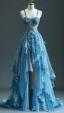 Niulatu Blue Lace Tulle Tiered Evening Dress Long A Line Prom Dress HZ1007