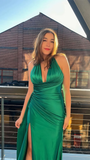 Niulatu Halter V-Neck Ruched Bodycon Prom Dress,Long Slit Evening Gown HZ1007