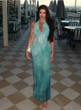 Niulatu Blue Chiffon Backless Printed Long Prom Dress Evening Gown HZ1007