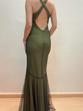 Niulatu Halter Satin Beaded Mermaid Evening Dress Sexy Backless Green Prom Dress HZ1007