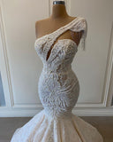 Niulatu Lace Beaded Wedding Dresses One Shoulder Mermaid Bridal Gowns Crystal Beads Sequin Sweep Train HZ0113