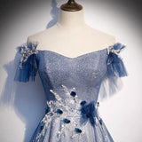 Niulatu Blue tulle long prom dress blue evening dress HZ0113