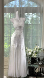 Niulatu Mermaid V Neck Shiny Rhinestone White Chiffon Prom Dress Date Dress HZ0113