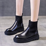 Niulatu Woman Slip-On Shoes Woman Fashion Knitted Elastic Round Toe Short Boots Platform Square Heels Leather Boots Women DJSE