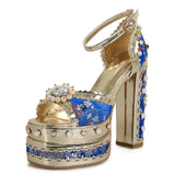 Niulatu Women's Sexy Embroidery Wedding Sandals Thick High Heel Platform Fish Mouth Pumps Gemstone Rivet Party Shoes Red Big Size DJSE
