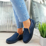 Niulatu Women Shoes Crystal Slip On Flat Loafers Zipper Embossed leather Ladies Autumn Glitter Platform Fashion Female Moccasins DJSE