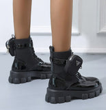 Niulatu Punk Ankle Platform Motorcycle Martin Boots Women Lace Up Chunky Heel Belt Buckle Pocket Designer Shoes Women DJSE