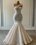Niulatu Lace Beaded Wedding Dresses One Shoulder Mermaid Bridal Gowns Crystal Beads Sequin Sweep Train HZ0113