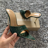 Niulatu women sandals snake print Strappy Mules high heels Slippers Sandals flip flops Pointed toe Slides Party shoes Woman DJSE