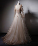 Niulatu v neck tulle lace long prom dress champagne evening dress HZ1110