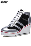 Niulatu Women Wedge Mesh Platform Casual Sneakers Side Zip Lace Cake Heel Booties 8cm Height Increased Canvas Stitching Color Shoes DJSE