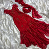 Niulatu Beaded Prom Dress Red Chiffon Mermaid Evening Dress Party Gown HZ1007