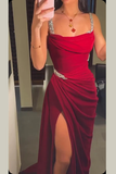 Niulatu Burgundy Spaghetti Straps Beaded Mermaid Formal Evening Dress Prom Dress HZ1007