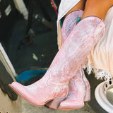 Niulatu women fashion boots spring Low Heel Women Shoes Cool British embroidered Design Soft Short Boots Party Knee High Boots pink DJSE