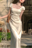 Niulatu Square Neck Long Party Dress Beige Satin Mermiad Prom Evening Dress HZ1007