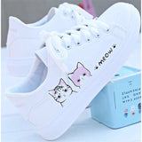 Niulatu 2025 New Fashion Lace-up Women Sneakers Woman Casual Shoes Printed Summer Women's Pu Shoes Cute Cat Canvas White Shoe DJSE