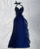 Niulatu Halter Ombre Navy Blue V Neck Chiffon Long Prom Dress Party Evening Gown HZ1007