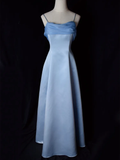 Niulatu Blue Satin Spaghetti Straps Evening Gown A Line Long Party Dress Prom Dress HZ1007