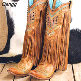 Niulatu Women Boots PU Square Heel Square Toe Slip-On British Style Korean Style Retro Mid-Calf Tassel Rivet Womens Shoes New 46 DJSE