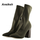 Niulatu Slim Stretch Ankle Boots for Women Pointed Toe Sock Boots Square High Heel Boots Shoes Woman Fashion Bota Feminina 41 DJSE