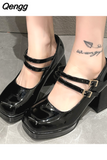 Niulatu High Heels Platform Pumps Women's Square Toe Thick Heels Mary Janes Woman Patent Leather High Heels Shoes Party Shoes DJSE