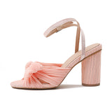 Niulatu Women Sandals New Brand Summer Shoes Pleated Bow-Knot Round Heels Open Toe Dress Shoes Big Size Party Wedding Shoes DJSE