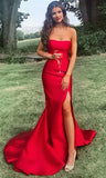 Niulatu prom dresses, strapless mermaid red prom dresses with slit HZ0113