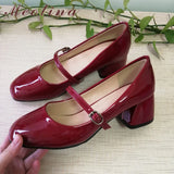 Niulatu Women Shoes High Heels Mary Janes Shoes Patent Leather Thick Heel Pumps Buckle Square Toe Female Footwear White DJSE
