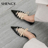 Niulatu New Spring Summer Pointed Toe Low Heels Shoes Woman Cross Strap Lace Up Gladiator Pumps Black Office Shoes DJSE