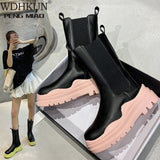 Niulatu Newest Genuine Leather Boots Women Stretch Platform Chelsea Thick Sole Female Shoes Mid Calf Square Toe Botas DJSE