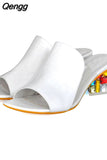 Niulatu large sizes 41 elegant crystals chunky Heels Summer women's Shoes Woman Sandals leisure slippers PU Basic DJSE
