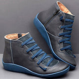 Niulatu Women's Casual Flat Leather Retro Lace-up Boots Side Zipper Round Toe Shoe Leather Ankle Boots Zapatos Mujer Wram Botas DJSE