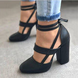 Niulatu Women's Pumps Plus Size 35-43 Women Gladiator Summer High Heels for Party Wedding Shoes Thick Heels Fashion Lace-up Female Black DJSE