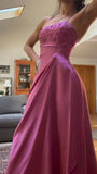Classy Fuchsia Spaghetti Straps Satin A-Line Beaded Long Prom Dress Bridesmaid Dresses Long formal Dress HZ1214