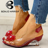Niulatu Size 34-43 Hot Sale INS Hot Transparent Flat Sandals Shoes Woman Elegant Flowers Wedges Sandals Women DJSE