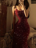 Niulatu Sheath Spaghetti Strap Burgundy Sequin Prom Dress 18th Birthday Dress HZ0113
