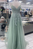 Straps Sage Green Appliques Tulle Long Formal HZ0308