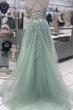 Straps Sage Green Appliques Tulle Long Formal HZ0308