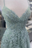 Straps Sage Green Appliques Tulle Long Formal HZ0308