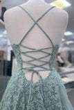 Straps Sage Green Appliques Tulle Long Formal HZ0308