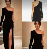 Niulatu Shoulder Black Velvet Long Prom Dresses Black One Shoulder Velvet Formal Evening Dresses HZ1007